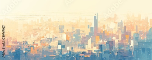 abstract painting of city skyline, gradient from left to right