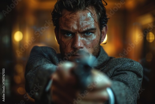 A compelling close-up of a man with an intense expression aiming a pistol, conveying drama and action