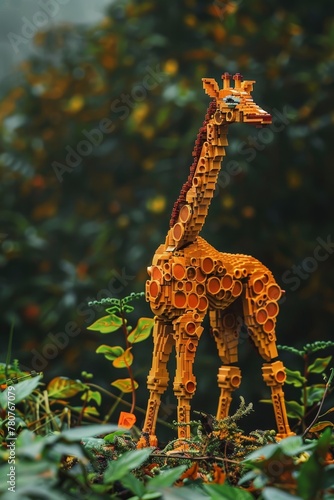 Lego giraffe made of bricks in a forest