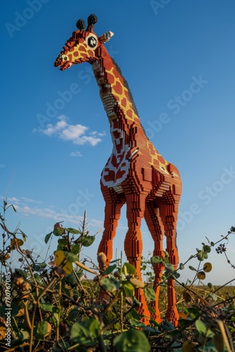 Lego giraffe made of bricks, stands in flowers