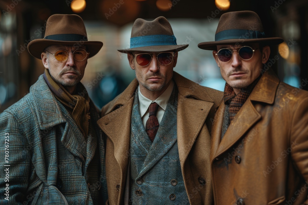 Three stylish men wearing vintage coats, hats, and sunglasses, evoking a classic, retro vibe in a modern setting - obrazy, fototapety, plakaty 