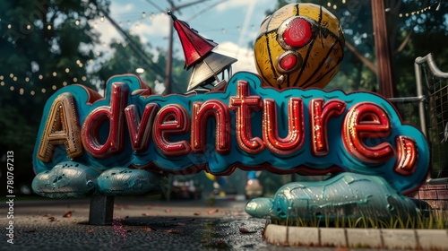 Sign says "Adventure" with hot air balloon