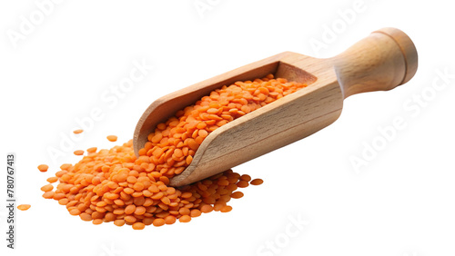 Red lentils on wooden scoop isolated on transparent background