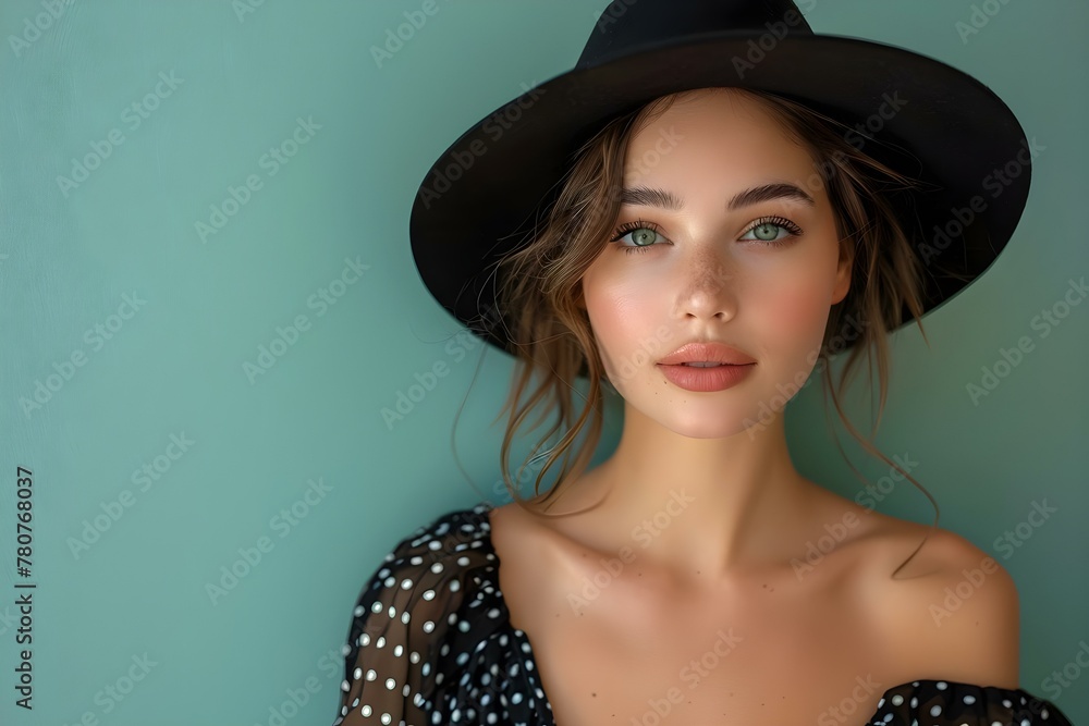An elegant woman in a black hat and polka dot blouse striking a stylish pose. Concept Fashion, Style, Women's Fashion, Black Hat, Polka Dot Blouse An elegant woman in a black hat and polka dot blouse striking a stylish pose. Concept Fashion, Style, Women's Fashion, Black Hat, Polka Dot Blouse
