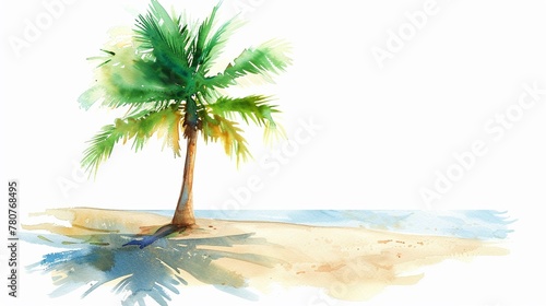 Palm tree clipart casting a shadow on the sand,Clipart, watercolor illustration, Perfect for nursery art The style is handdrawn, white background