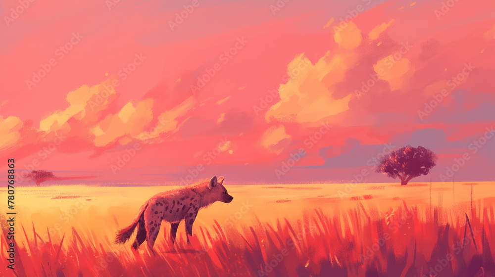 Hiena no campo ao por do sol rosa - Ilustração