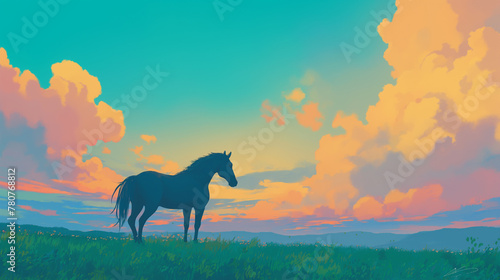 Cavalo na planice ao por do sol rosa - Ilustra    o 