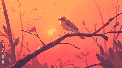 Pássaro na floresta ao por do sol rosa - Ilustração