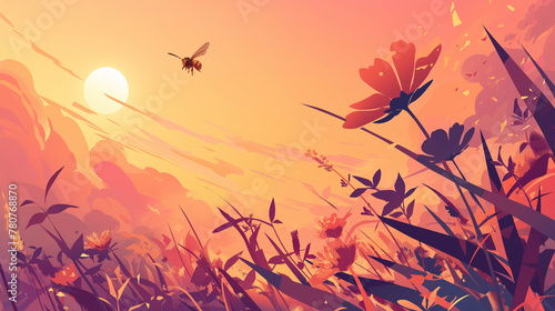 Abelha no campo ao por do sol rosa - Ilustração