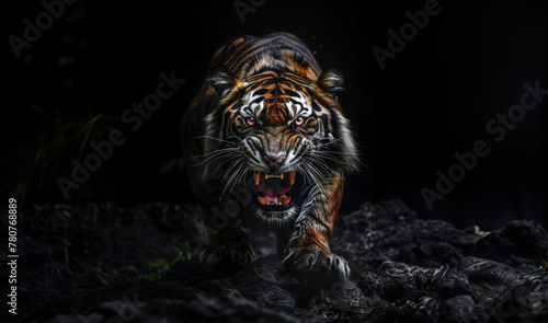 Fierce looking tiger. Black background. With copy space for text. Fierce animal concept. Red glowing eyes. Horror and mystery theme. growling and roaring. Wild animal. sharp teeth. Attack pose photo