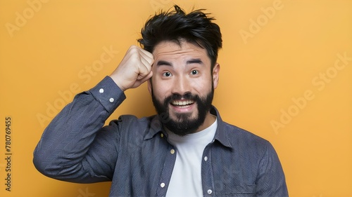 Cheerful Bearded Guy's 'Facepalm' Moment with a Grin. Concept Outdoor Photoshoot, Colorful Props, Joyful Portraits, Playful Poses, Facial Expressions