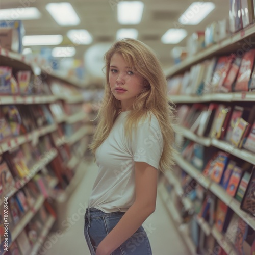 a blonde woman stands amidst a VHS aisle, wearing a plain white T-shirt paired with blue jeans 