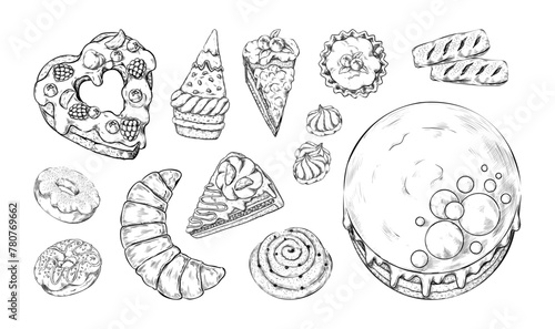 Dessert sketch. Vintage pie cake, croissant marshmallow and donut, apple cheesecake top view for bakery, sweet chocolate or fruit food. Vector hand drawn illustration, cover menu background