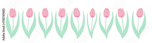Tulip flowers horizontal border. Hand drawn line art illustration. Spring blossoms, pink blooms, decorative florals. Vector design, isolated. Mothers Day, Easter, seasonal, botanical drawing