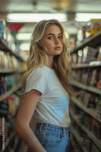 a blonde woman stands amidst a VHS aisle, wearing a plain white T-shirt paired with blue jeans 