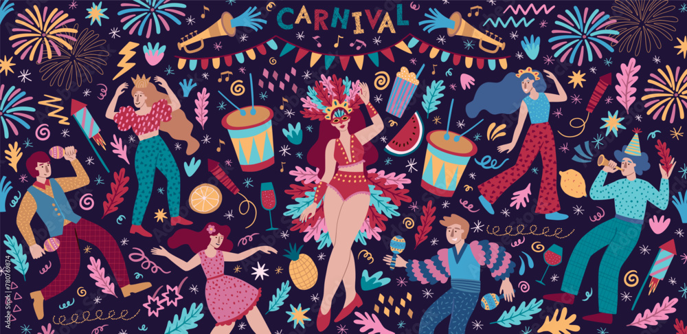 Fototapeta premium Carnival people. Brazil music street art party, girls and boys in costumes on urban holiday fiesta, samba event. Dancing festive people, banner background design. Vector abstract pattern