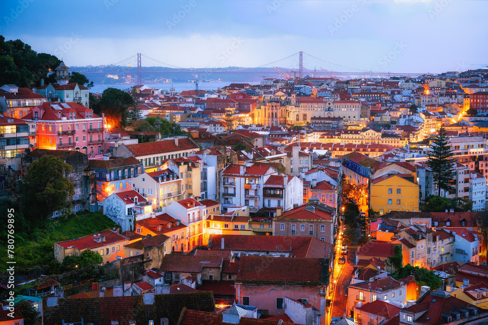 Beautiful panoramic view over Lisbon old city in Portugal with 25 April Bridge at the background