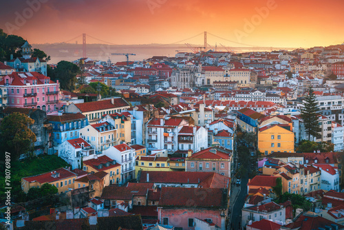 Beautiful panoramic view over Lisbon old city in Portugal with 25 April Bridge at the background