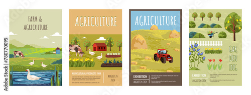 Farm patterns. Agriculture village field landscape, country with garden plant and house, cute spring. Cow and domestic birds, harvest on plantation. Banner or poster. Vector eco background