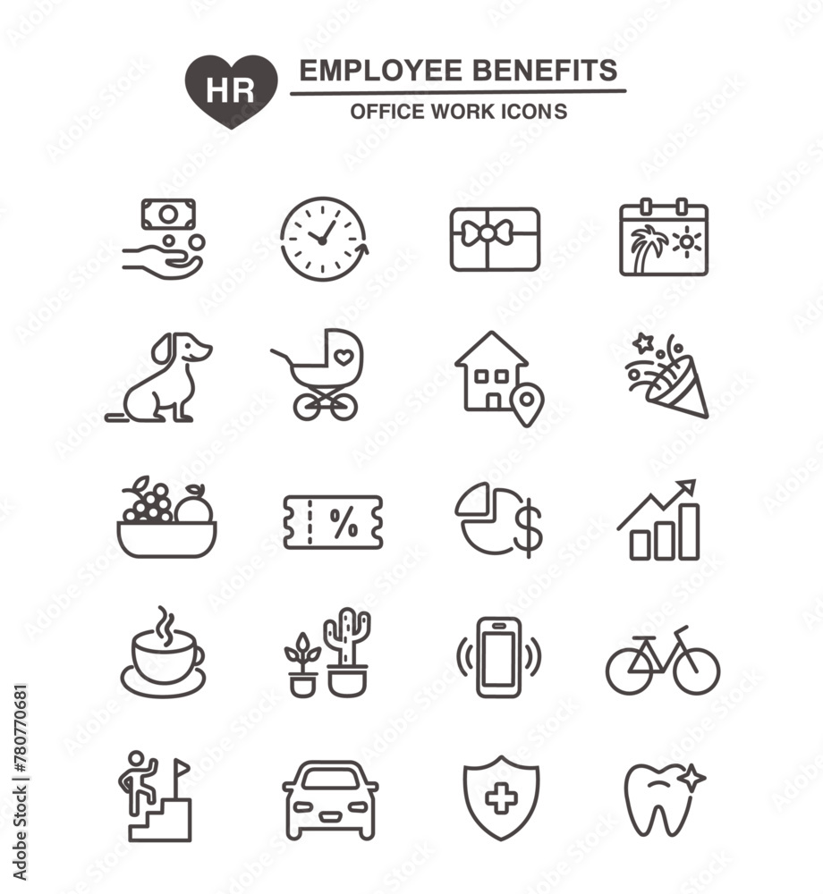 Employee benefits icons, perks modern line icon set - editable stroke icons