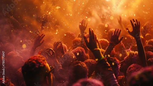 Euphoric Crowd Celebrating at Festival with Colorful Holi Powder