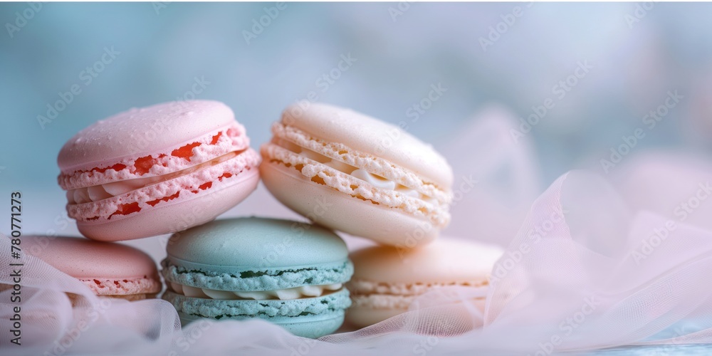 Obraz premium Macarons Sweet French Homemade Dessert, gift card, pastel background, minimal creative concept. Delicious macarons, detailed. Grocery product advertising.