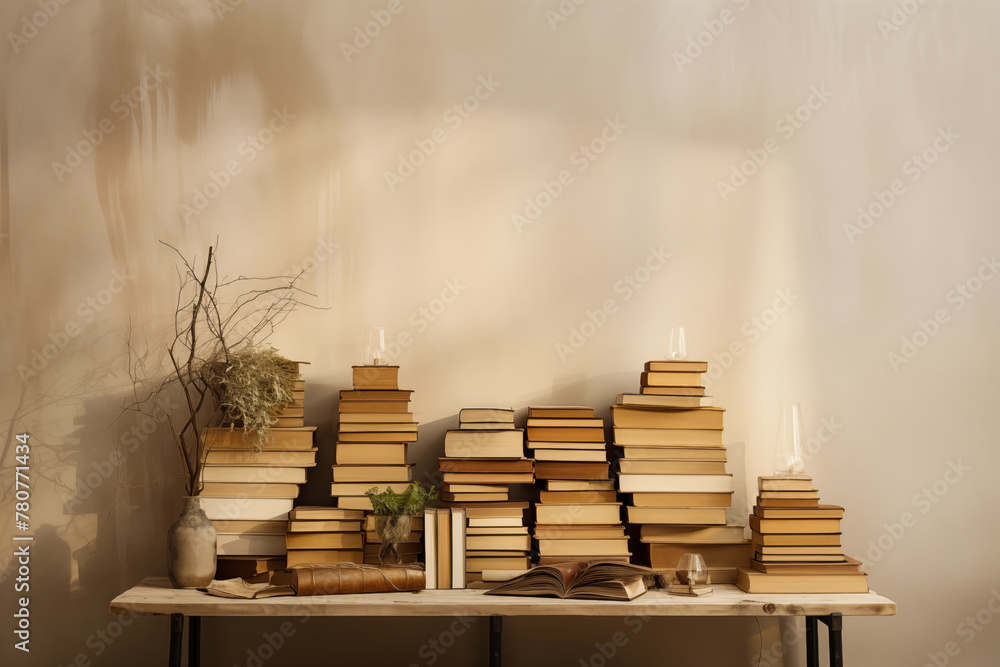 Artistic display of books fanned out against a neutral wall. Generative AI Artistic display of books fanned out against a neutral wall. Generative AI