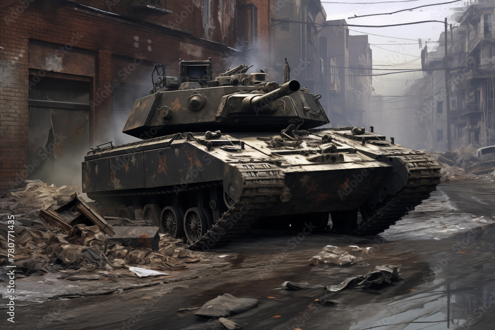 Armored personnel carrier navigating through an urban environment. Generative AI