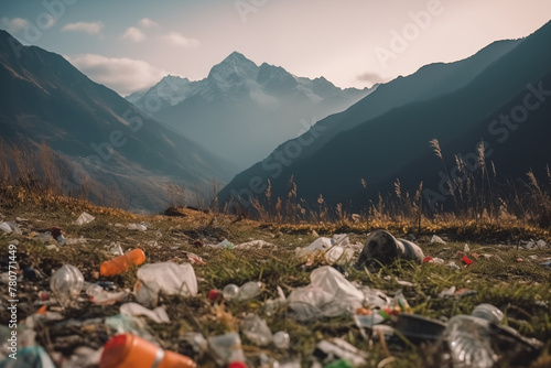 The top of the mountain is covered with garbage. Pollution of the surrounding landscape