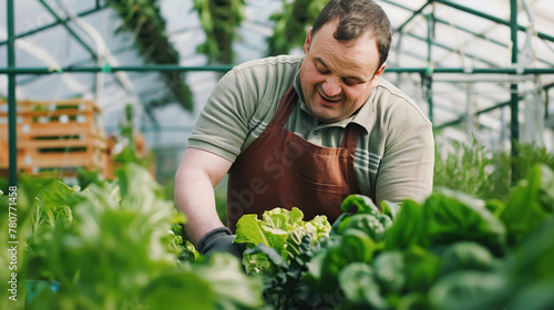 An adult man in a work apron, a farmer, a gardener, cares for lettuce leaves in a greenhouse. Growing organic food without pesticides, small business, farming