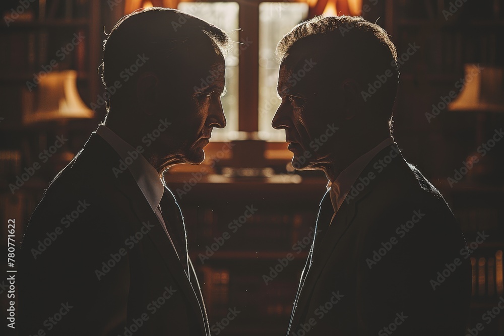 Two silhouetted businessmen facing each other, creating a sense of mystery and discussion against a backdrop of books