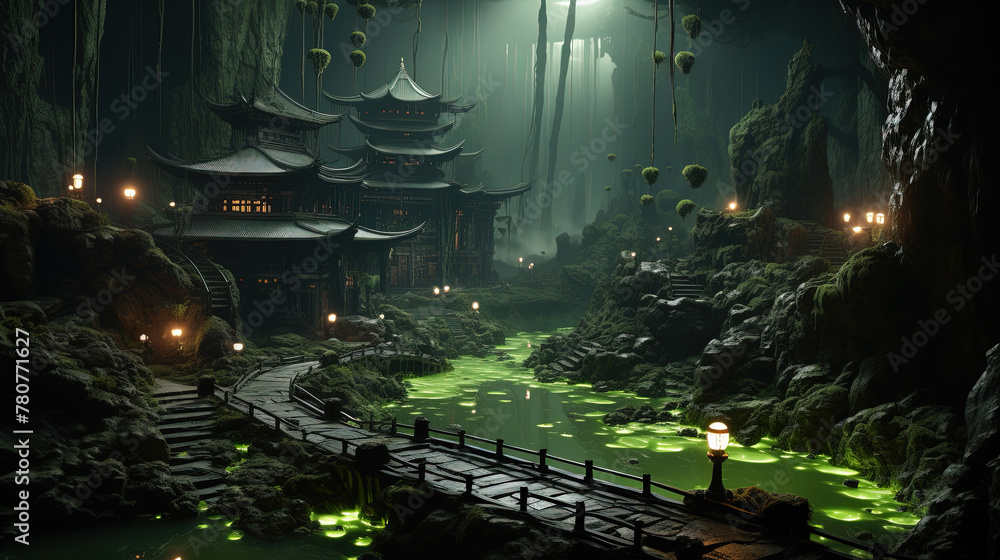A Japanese Pagoda With Surrounded by Dark Greenery and Small River Bridge A Japanese Pagoda With Surrounded by Dark Greenery and Small River Bridge
