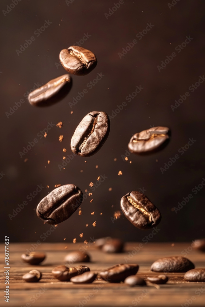 Macro view of coffee beans levitating, copy space Macro view of coffee beans levitating, copy space