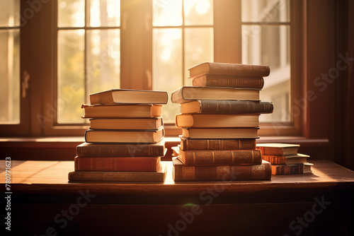 Books stacked on a wooden table. Generative AI