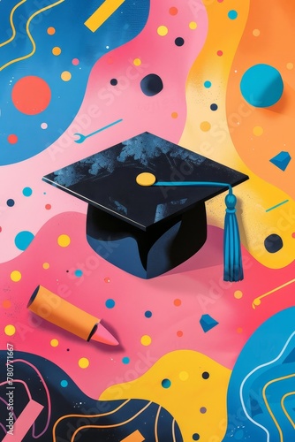 black graduation cap on abstract bright background, vertical, graduation