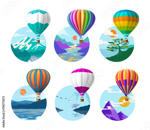 Hot air balloon. Aerial travel. Adventure journey. Scenic nature landscape. Wild mountains. River water. Ballooning flight. Sky clouds. Flying vehicle. Vector summer tourism banners set