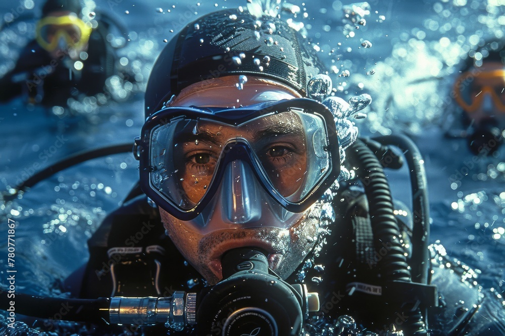 Close-up of a scuba diver's gear with a burst of surfacing bubbles, highlighting deep-sea exploration Close-up of a scuba diver's gear with a burst of surfacing bubbles, highlighting deep-sea exploration