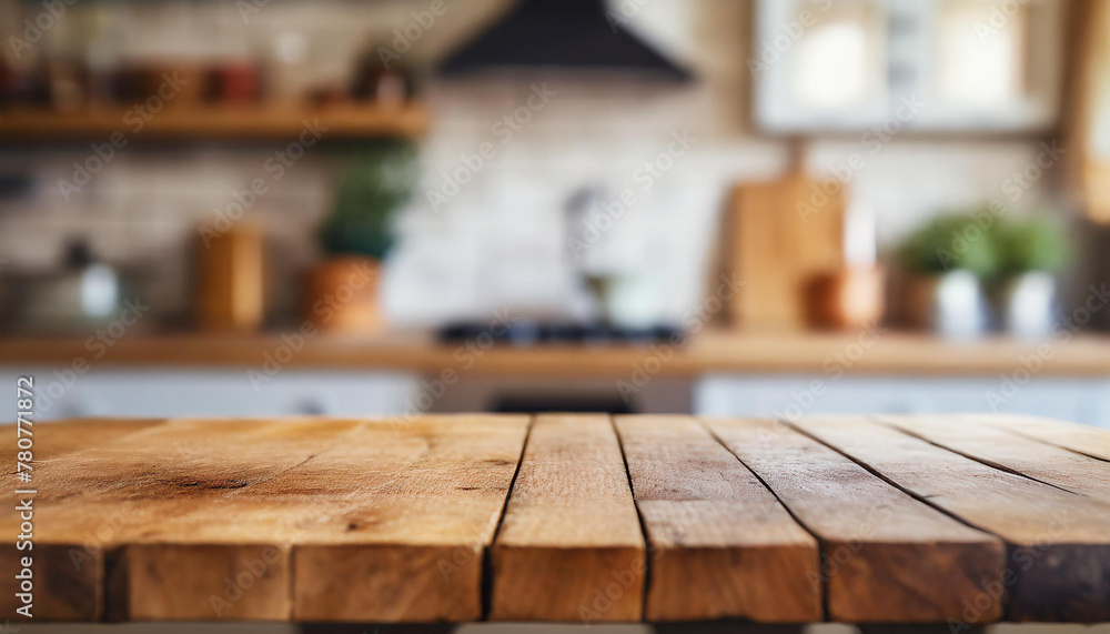Empty wooden table for product display with blurred kitchen interior on background. Empty wooden table for product display with blurred kitchen interior on background.