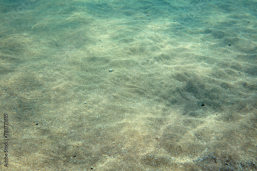 Underwater photo, shallow sea bottom floor seen from top, light refraction making rainbow glares on sand. Abstract marine background