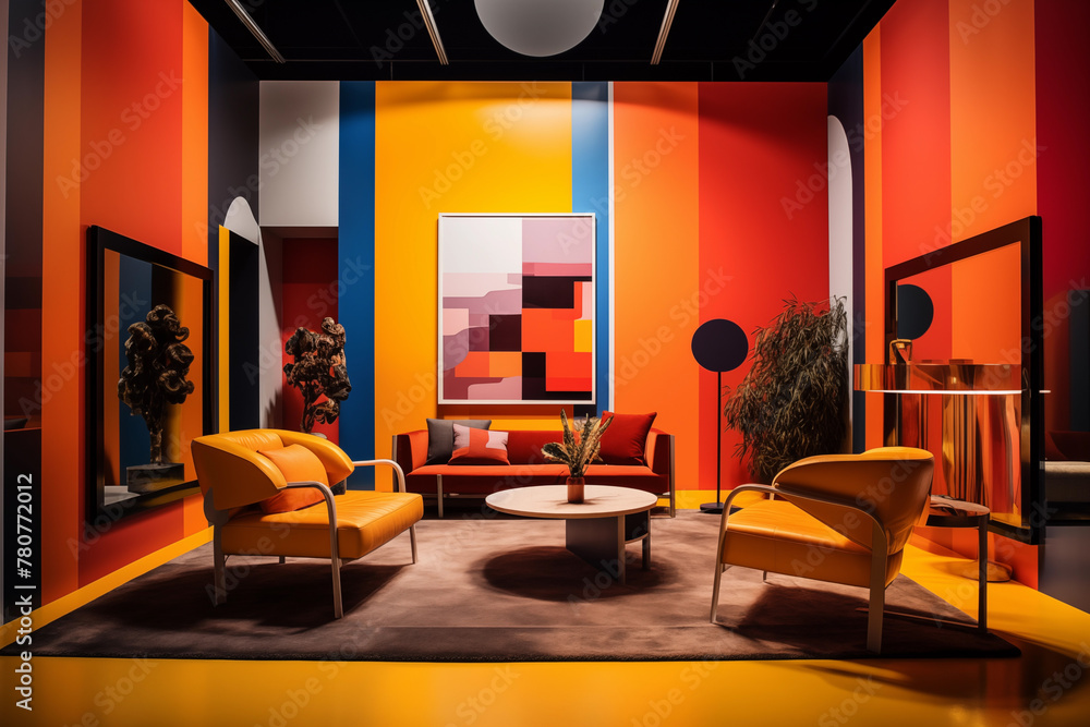 Fototapeta premium Colorful modern interior featuring two yellow armchairs, sofa and contemporary paintings. Generative AI