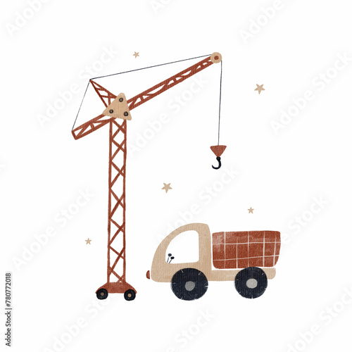Beautiful hand drawn watercolor illustration with cute baby toys. Construction equipment clip art. Construction crane