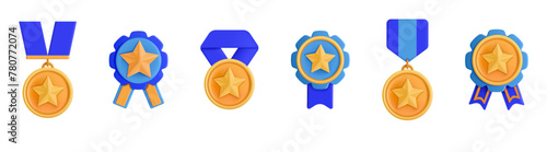 3D award icon. Winner medal. Quality guarantee. Gold star. Championship reward. Best badge for advantage certificate. Top win achievement. Render first place prize. Vector cartoon set