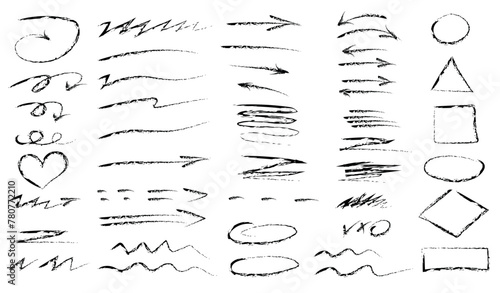 Black dry brush marks, pencil squiggles and scribbles. Hand drawn vector pencil drawing of various lines, spirals and designs, chalk strokes, pencil dividers. Curly lines. Vector illustration. 