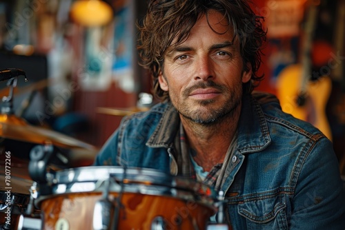 A male drummer takes a thoughtful pause at his drum set with a serious and reflective look on his face