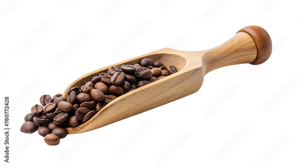 Fototapeta premium Coffee beans on wooden scoop on transparent background