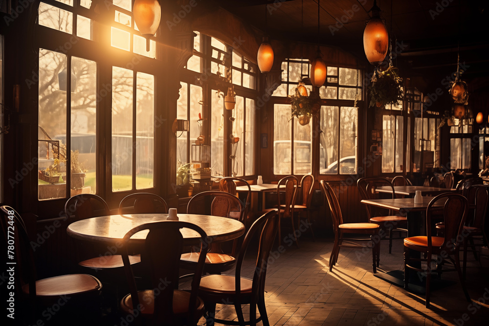 Coffee shop with sunlight streaming through the windows. Generative AI