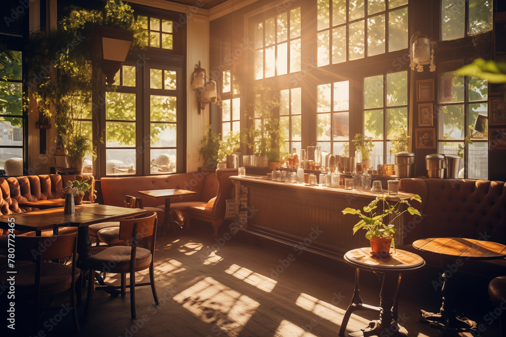 Cozy coffee shop with sunlight streaming through the windows. Generative AI