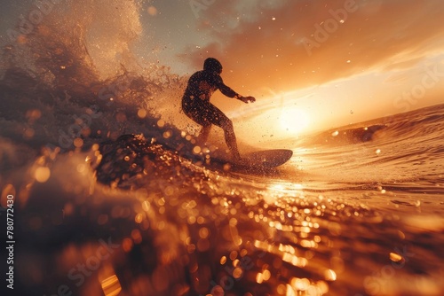 A surfer skillfully maneuvers on a wave backlit by the stunning golden hour light, water droplets frozen in time