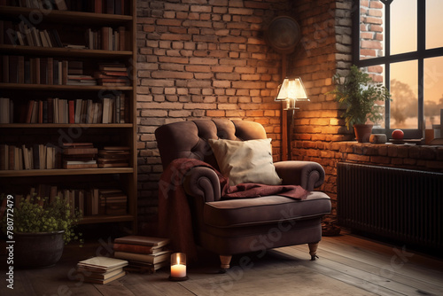 Cozy reading nook with a comfortable armchair and a stack of books. Generative AI