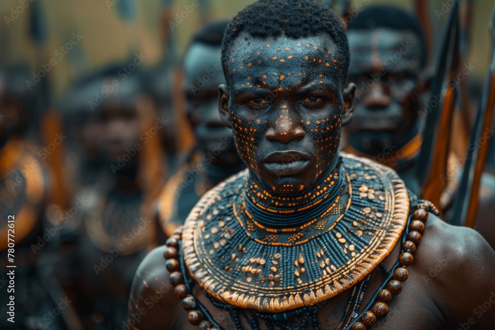 Obraz premium A group of African men adorned with traditional tribal body paint and attire in a cultural display